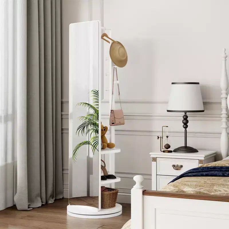 Specchio moderno a figura intera girevole con appendiabiti funzionale, specchio da terra indipendente per camera da letto, spogliatoio, bianco