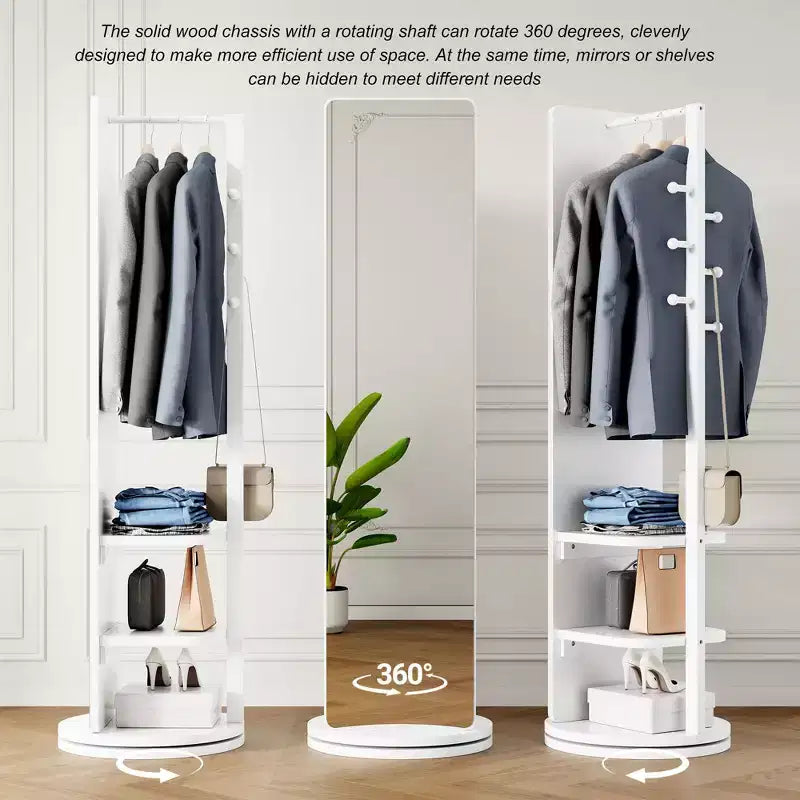 Specchio moderno a figura intera girevole con appendiabiti funzionale, specchio da terra indipendente per camera da letto, spogliatoio, bianco