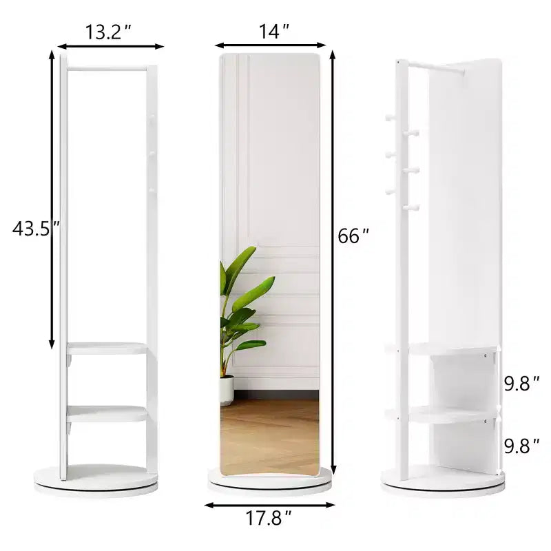Specchio moderno a figura intera girevole con appendiabiti funzionale, specchio da terra indipendente per camera da letto, spogliatoio, bianco