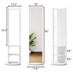 Specchio moderno a figura intera girevole con appendiabiti funzionale, specchio da terra indipendente per camera da letto, spogliatoio, bianco