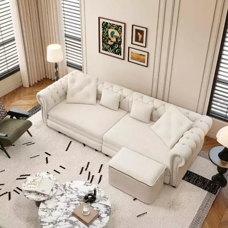 Divano a 3 posti in velluto 89 con pouf mobile, divano letto estraibile 3 in 1, divano letto king size bianco