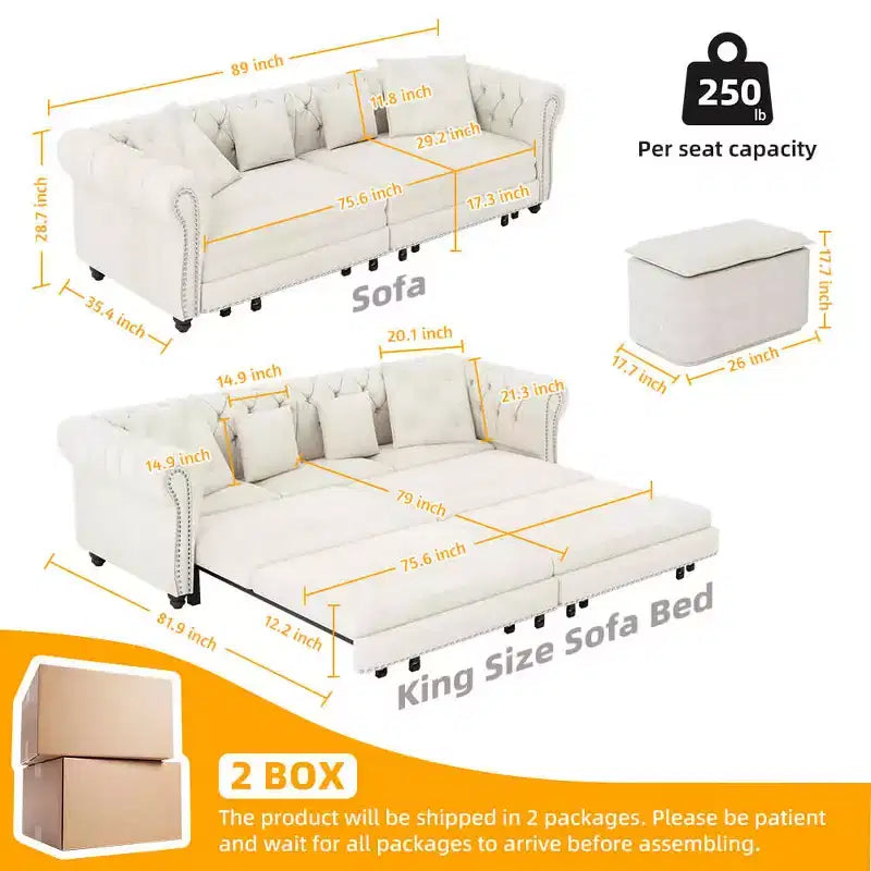 Divano a 3 posti in velluto 89 con pouf mobile, divano letto estraibile 3 in 1, divano letto king size bianco