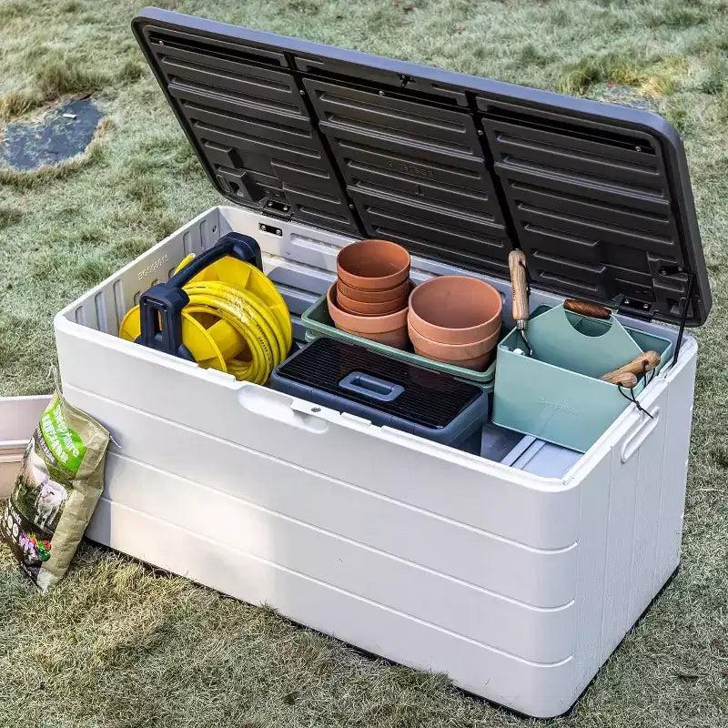 Baule da esterni Premium da 276 litri, in resina, con serratura, impermeabile, resistente ai raggi UV, per cuscini, attrezzi da giardino, accessori per piscina