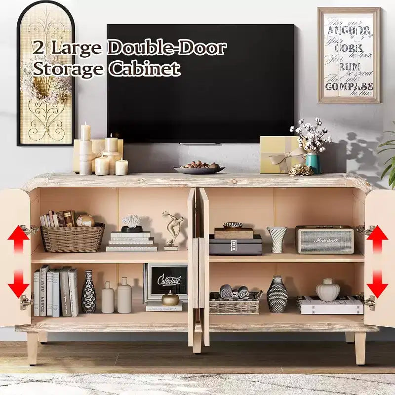 59 Credenza curvata da fattoria vintage con grandi maniglie in legno, intaglio verticale a venatura del legno e ripiani regolabili per la cucina