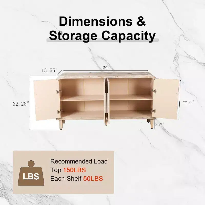 59 Credenza curvata da fattoria vintage con grandi maniglie in legno, intaglio verticale a venatura del legno e ripiani regolabili per la cucina