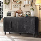 59 Credenza curvata da fattoria vintage con grandi maniglie in legno, intaglio verticale a venatura del legno e ripiani regolabili per la cucina
