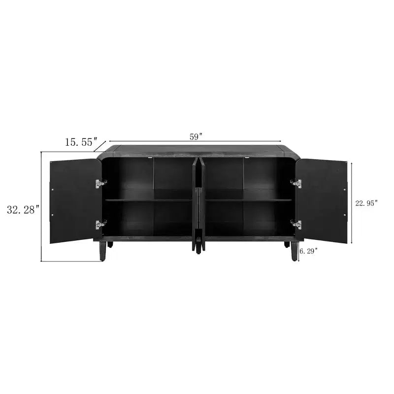 59 Credenza curvata da fattoria vintage con grandi maniglie in legno, intaglio verticale a venatura del legno e ripiani regolabili per la cucina