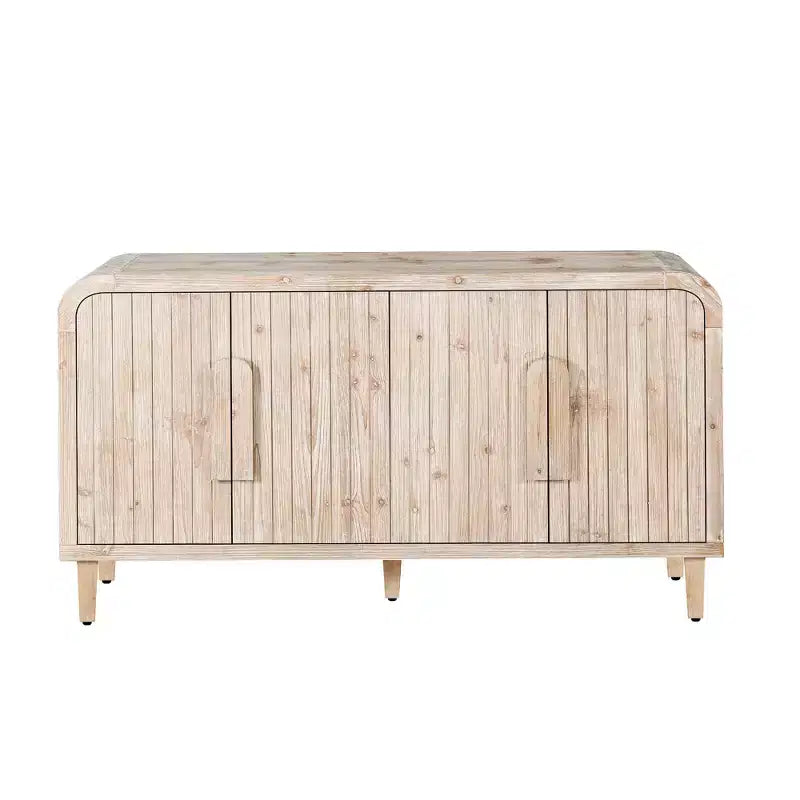 59 Credenza curvata da fattoria vintage con grandi maniglie in legno, intaglio verticale a venatura del legno e ripiani regolabili per la cucina