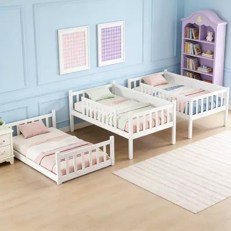Letto a castello triplo con 2 scale, divisibile in 3 letti singoli per camerette piccole
