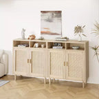 Set di 2 Madie Credenze in Rattan, Mobili Contenitori Moderni con Doppia Anta per Sala da Pranzo, Ingresso, Soggiorno e Angolo Caffè
