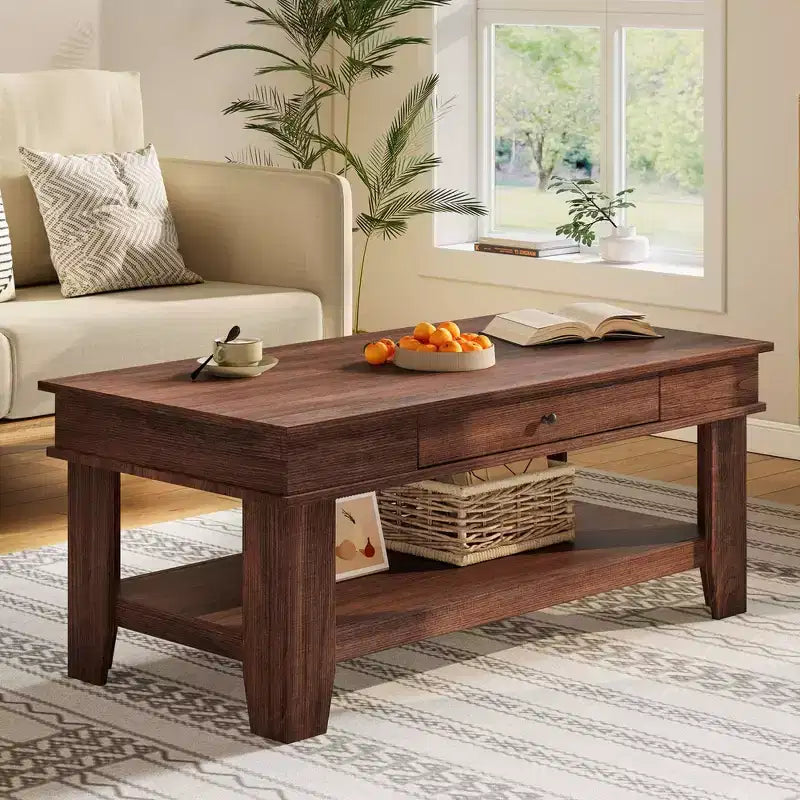 Tavolino da caffè rustico lungo con cassetto e ripiano portaoggetti, tavolino da centro in stile rustico da 120 cm per soggiorno, facile da pulire, fino a 136 kg