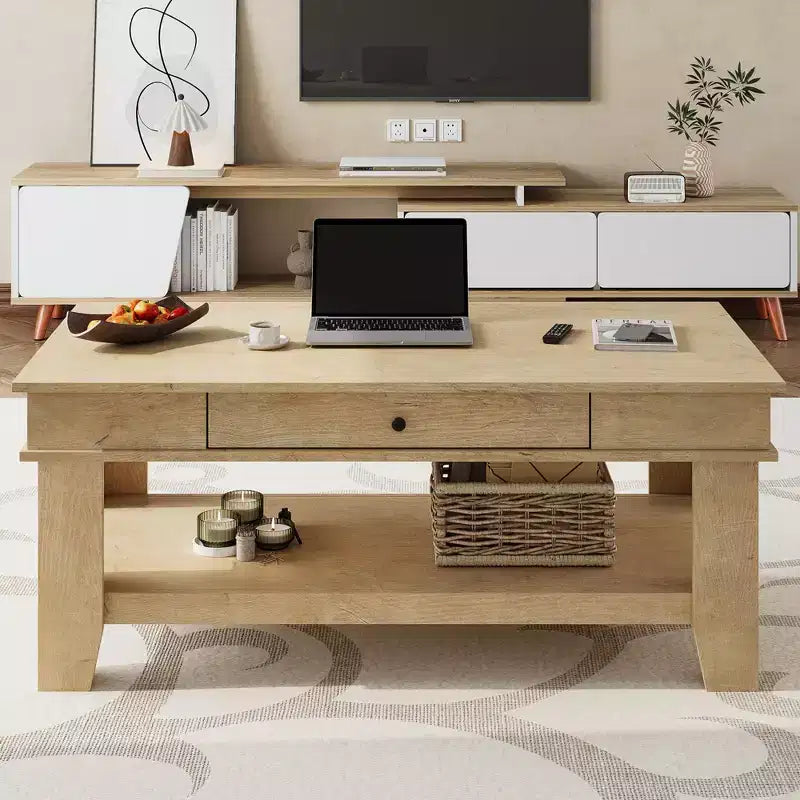 Tavolino da caffè rustico lungo con cassetto e ripiano portaoggetti, tavolino da centro in stile rustico da 120 cm per soggiorno, facile da pulire, fino a 136 kg