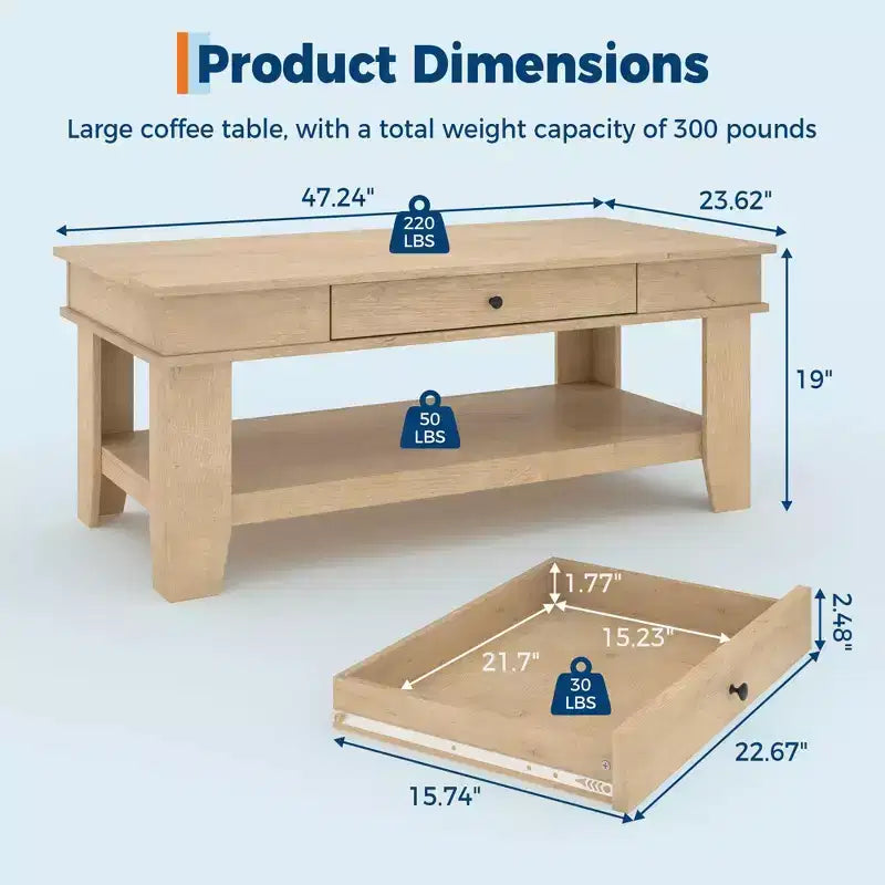 Tavolino da caffè rustico lungo con cassetto e ripiano portaoggetti, tavolino da centro in stile rustico da 120 cm per soggiorno, facile da pulire, fino a 136 kg