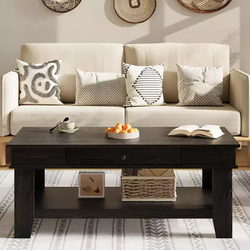 Tavolino da caffè rustico lungo con cassetto e ripiano portaoggetti, tavolino da centro in stile rustico da 120 cm per soggiorno, facile da pulire, fino a 136 kg