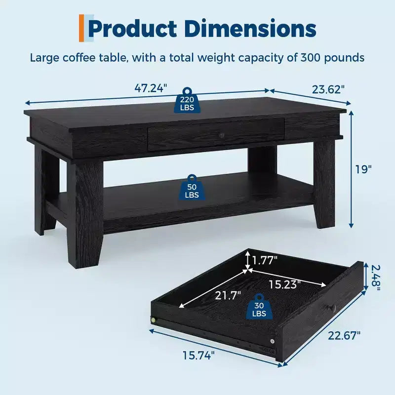Tavolino da caffè rustico lungo con cassetto e ripiano portaoggetti, tavolino da centro in stile rustico da 120 cm per soggiorno, facile da pulire, fino a 136 kg