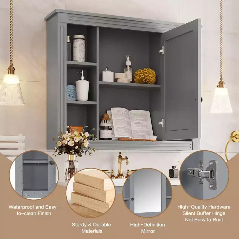 Mobile a specchio 35 x 28 con 6 ripiani aperti, mobiletto da bagno a parete (senza mobiletto lavabo)