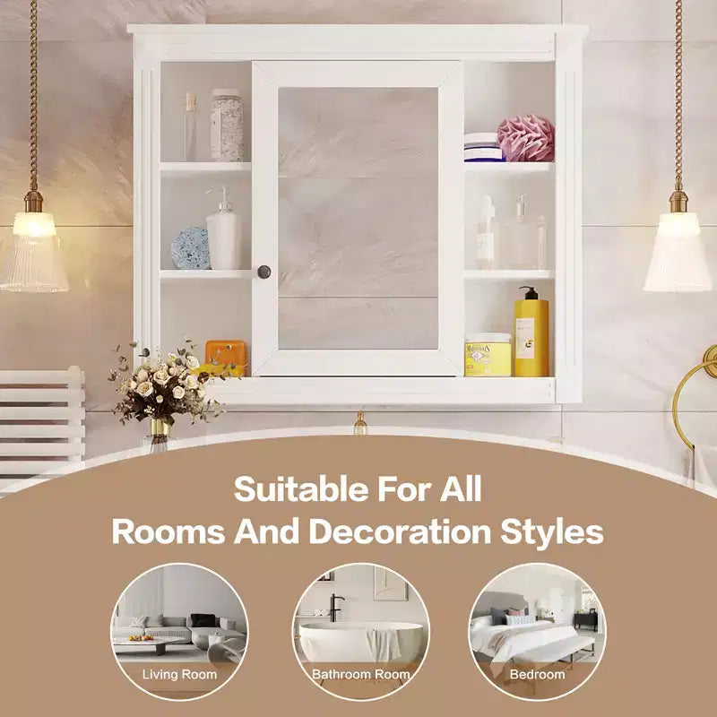 Mobile a specchio 35 x 28 con 6 ripiani aperti, mobiletto da bagno a parete (senza mobiletto lavabo)