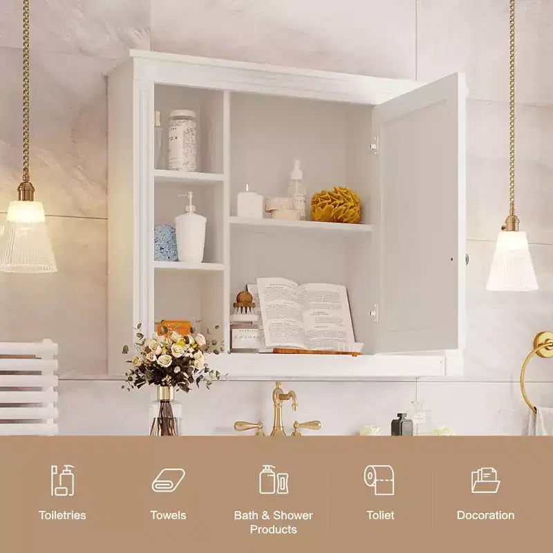 Mobile a specchio 35 x 28 con 6 ripiani aperti, mobiletto da bagno a parete (senza mobiletto lavabo)
