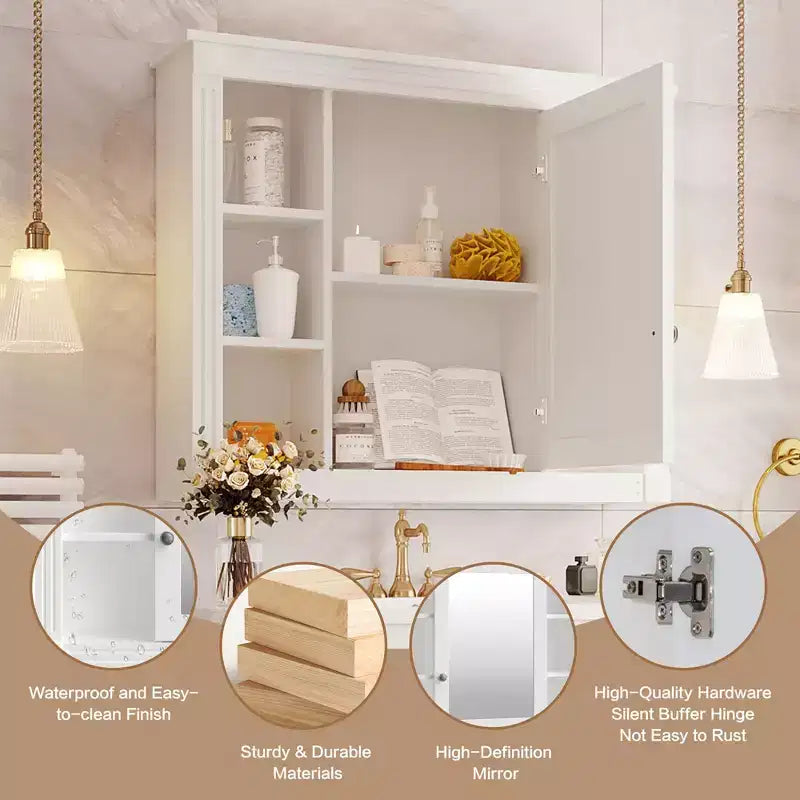 Mobile a specchio 35 x 28 con 6 ripiani aperti, mobiletto da bagno a parete (senza mobiletto lavabo)