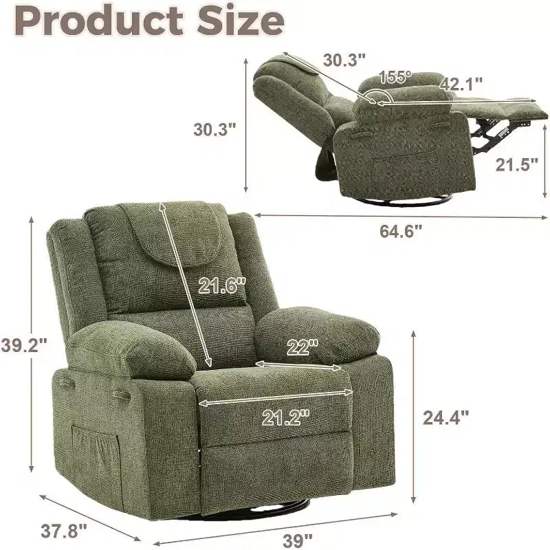 Poltrona Reclinabile Oversize Rocker, Recliner da Vivaio Girevole a 360° con Massaggio Vibrante e Riscaldamento, Divano Singolo per Soggiorno, Camera da Letto, Verde