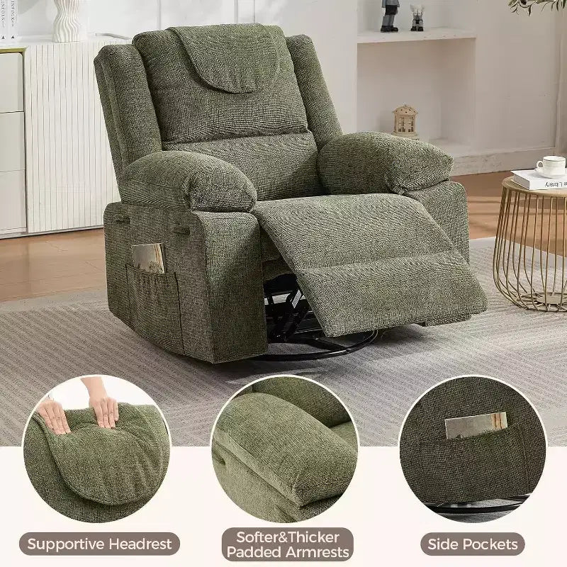 Poltrona Reclinabile Oversize Rocker, Recliner da Vivaio Girevole a 360° con Massaggio Vibrante e Riscaldamento, Divano Singolo per Soggiorno, Camera da Letto, Verde