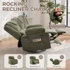 Poltrona Reclinabile Oversize Rocker, Recliner da Vivaio Girevole a 360° con Massaggio Vibrante e Riscaldamento, Divano Singolo per Soggiorno, Camera da Letto, Verde