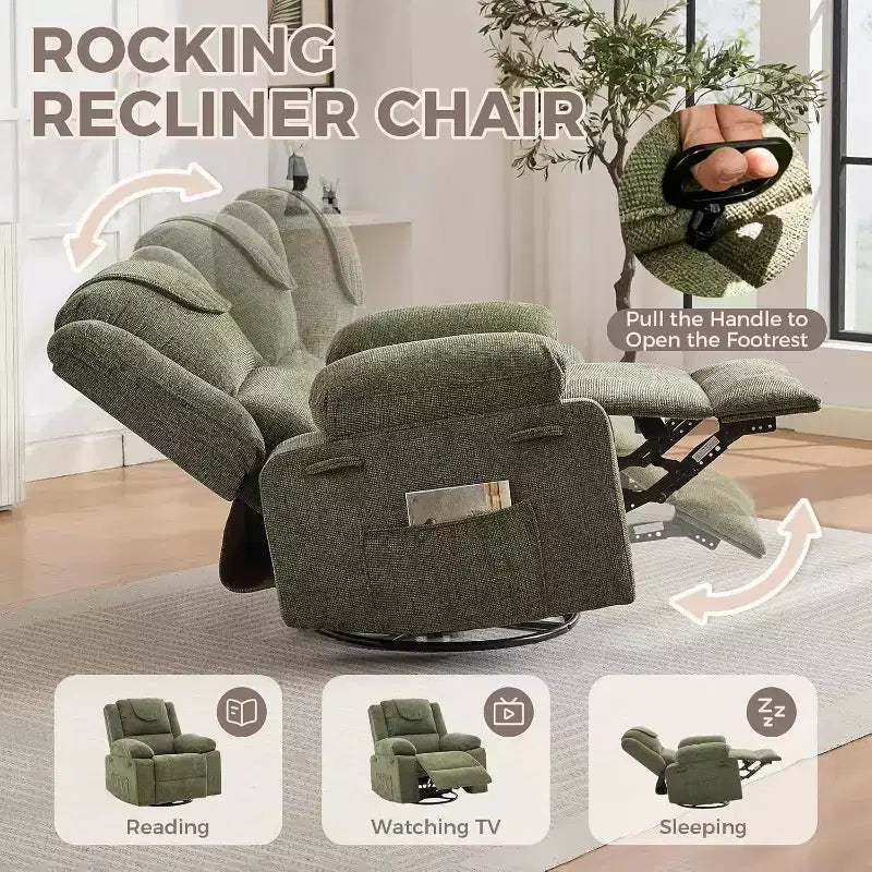 Poltrona Reclinabile Oversize Rocker, Recliner da Vivaio Girevole a 360° con Massaggio Vibrante e Riscaldamento, Divano Singolo per Soggiorno, Camera da Letto, Verde