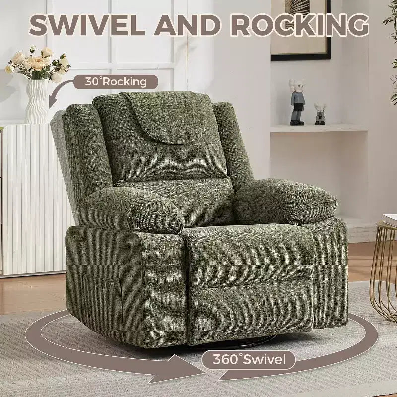 Poltrona Reclinabile Oversize Rocker, Recliner da Vivaio Girevole a 360° con Massaggio Vibrante e Riscaldamento, Divano Singolo per Soggiorno, Camera da Letto, Verde