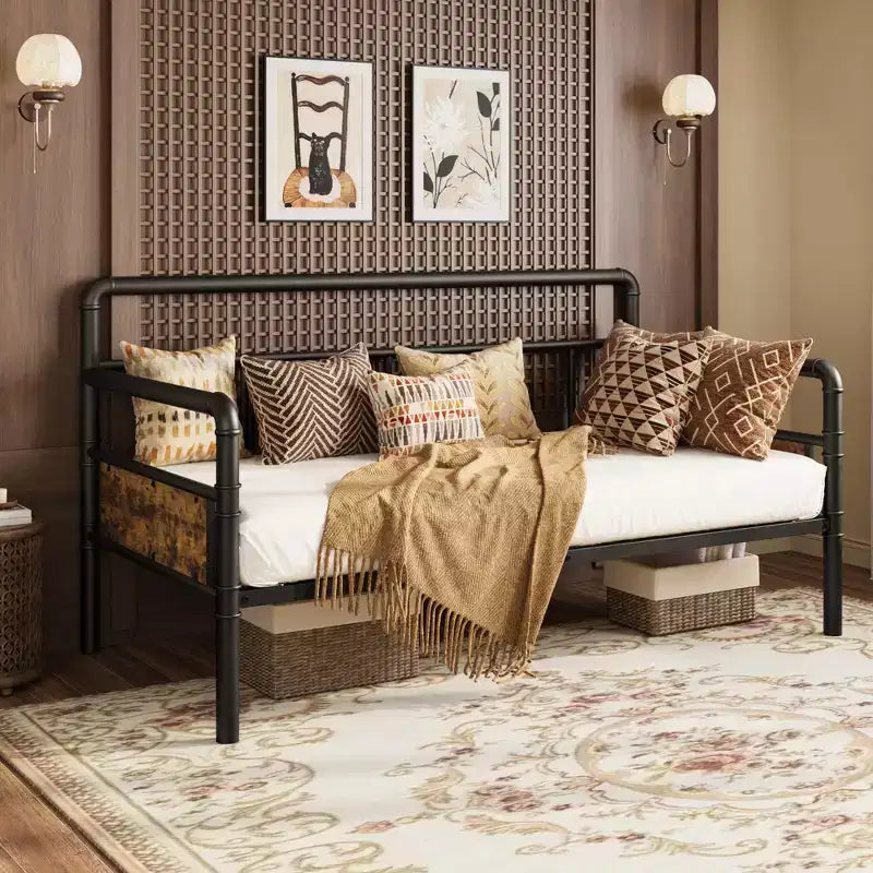 Divano Letto Singolo con Testiera Classica, Struttura Letto in Metallo Resistente, con Supporto a Doghe in Acciaio, Divano Letto, Silenzioso, Nessun Box Spring Necessario, Nero