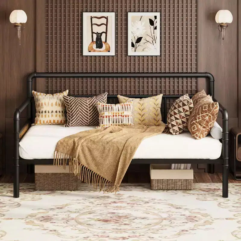Divano Letto Singolo con Testiera Classica, Struttura Letto in Metallo Resistente, con Supporto a Doghe in Acciaio, Divano Letto, Silenzioso, Nessun Box Spring Necessario, Nero