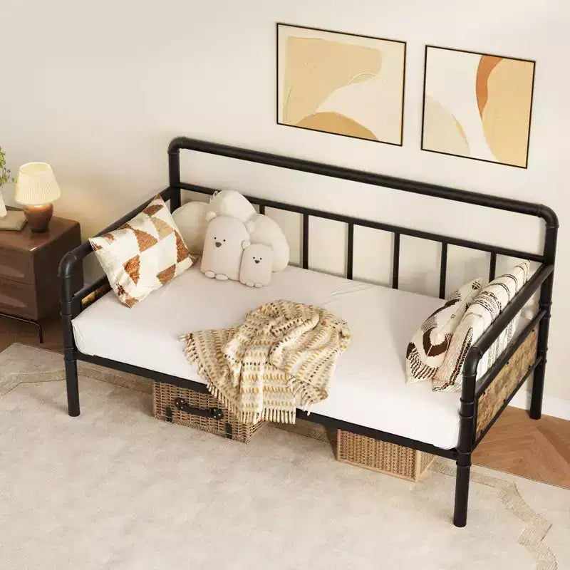 Divano Letto Singolo con Testiera Classica, Struttura Letto in Metallo Resistente, con Supporto a Doghe in Acciaio, Divano Letto, Silenzioso, Nessun Box Spring Necessario, Nero