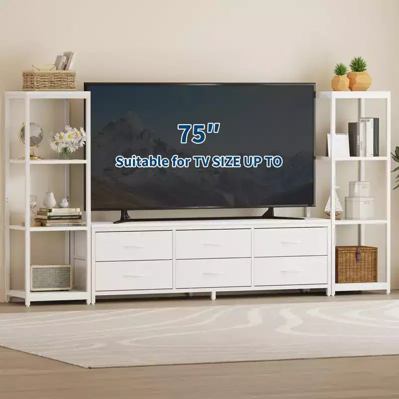 Mobile TV per TV da 75 pollici, mobile multimediale con luci LED e prese di corrente, 6 cassetti e mensole