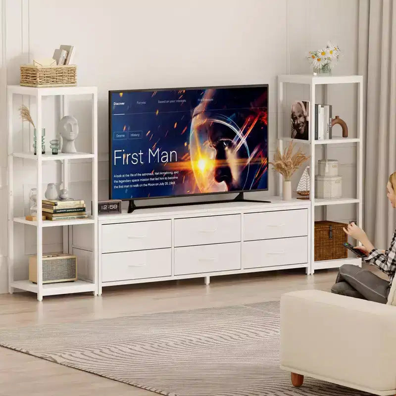 Mobile TV per TV da 75 pollici, mobile multimediale con luci LED e prese di corrente, 6 cassetti e mensole