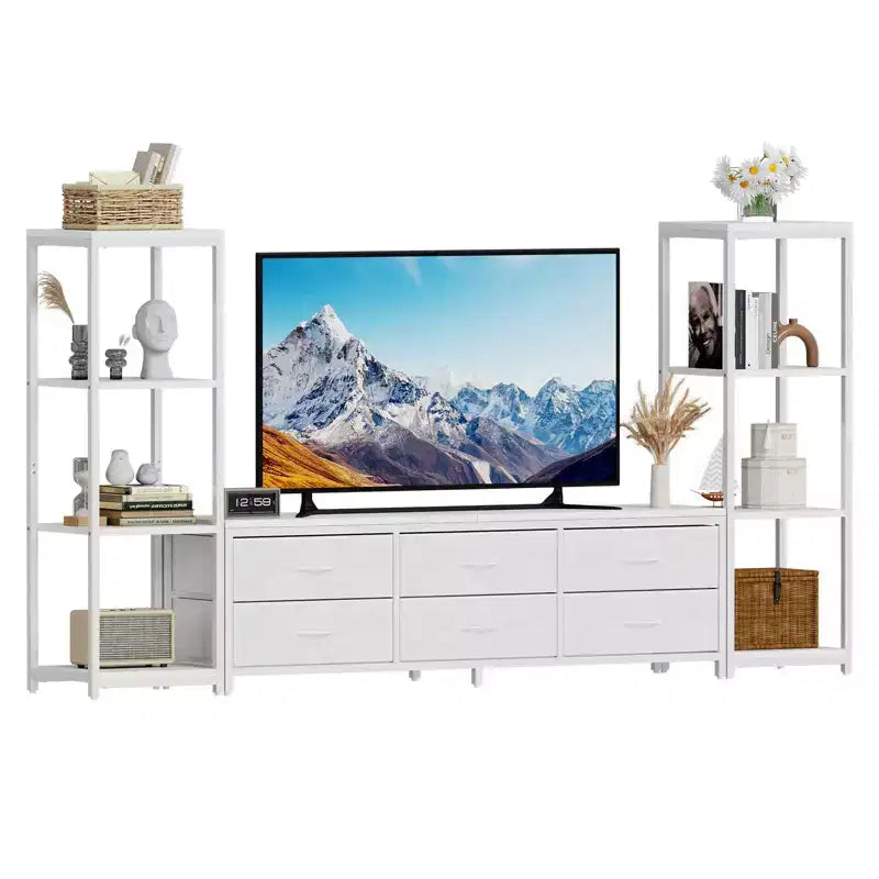 Mobile TV per TV da 75 pollici, mobile multimediale con luci LED e prese di corrente, 6 cassetti e mensole
