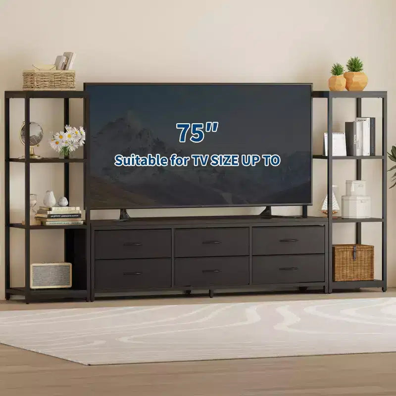 Mobile TV per TV da 75 pollici, mobile multimediale con luci LED e prese di corrente, 6 cassetti e mensole