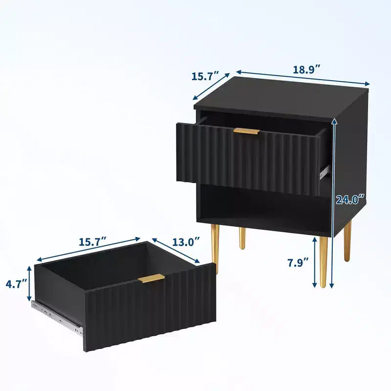 Comodino moderno con scanalature, confezione da 2, con 2 cassetti, comodino laterale oro e legno per camera da letto, appartamento, design elegante