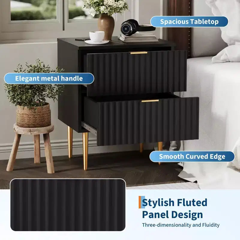 Comodino moderno con scanalature, confezione da 2, con 2 cassetti, comodino laterale oro e legno per camera da letto, appartamento, design elegante