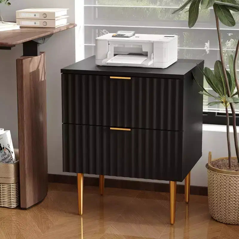 Comodino moderno con scanalature, confezione da 2, con 2 cassetti, comodino laterale oro e legno per camera da letto, appartamento, design elegante