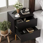 Comodino moderno con scanalature, confezione da 2, con 2 cassetti, comodino laterale oro e legno per camera da letto, appartamento, design elegante
