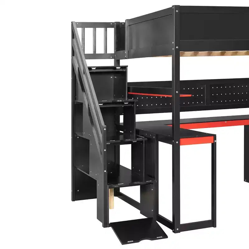 Letto a soppalco moderno a grandezza naturale con scale contenitore, scrivania a U, cassetti e pannello forato