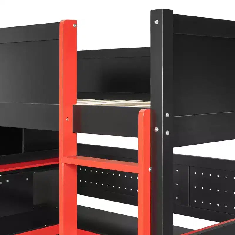 Letto a soppalco moderno a grandezza naturale con scale contenitore, scrivania a U, cassetti e pannello forato