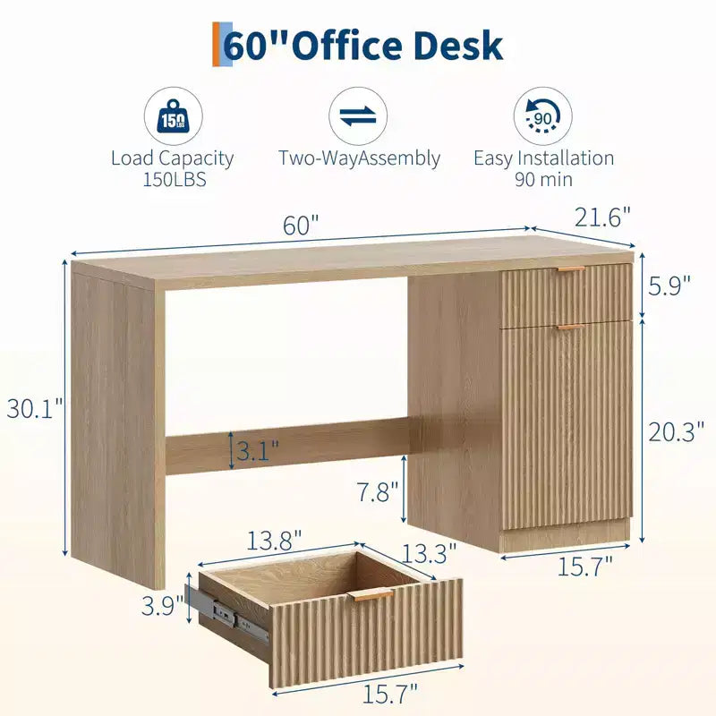 Scrivania Direzionale da 150 cm con Contenitore, Scrivania Moderna per Ufficio Domestico con Cassetto e Armadietto, Scrivania da Computer in Legno Scanalato Postazione di Lavoro Tavolo da Conferenza