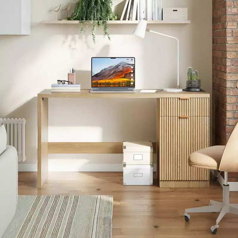 Scrivania Direzionale da 150 cm con Contenitore, Scrivania Moderna per Ufficio Domestico con Cassetto e Armadietto, Scrivania da Computer in Legno Scanalato Postazione di Lavoro Tavolo da Conferenza