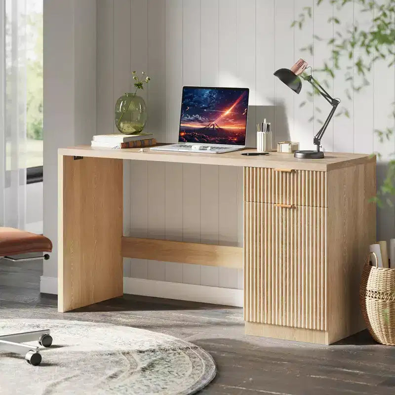 Scrivania Direzionale da 150 cm con Contenitore, Scrivania Moderna per Ufficio Domestico con Cassetto e Armadietto, Scrivania da Computer in Legno Scanalato Postazione di Lavoro Tavolo da Conferenza