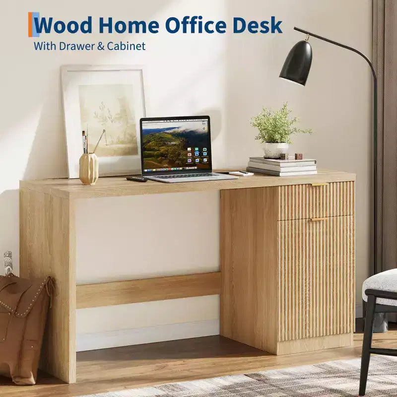 Scrivania Direzionale da 150 cm con Contenitore, Scrivania Moderna per Ufficio Domestico con Cassetto e Armadietto, Scrivania da Computer in Legno Scanalato Postazione di Lavoro Tavolo da Conferenza