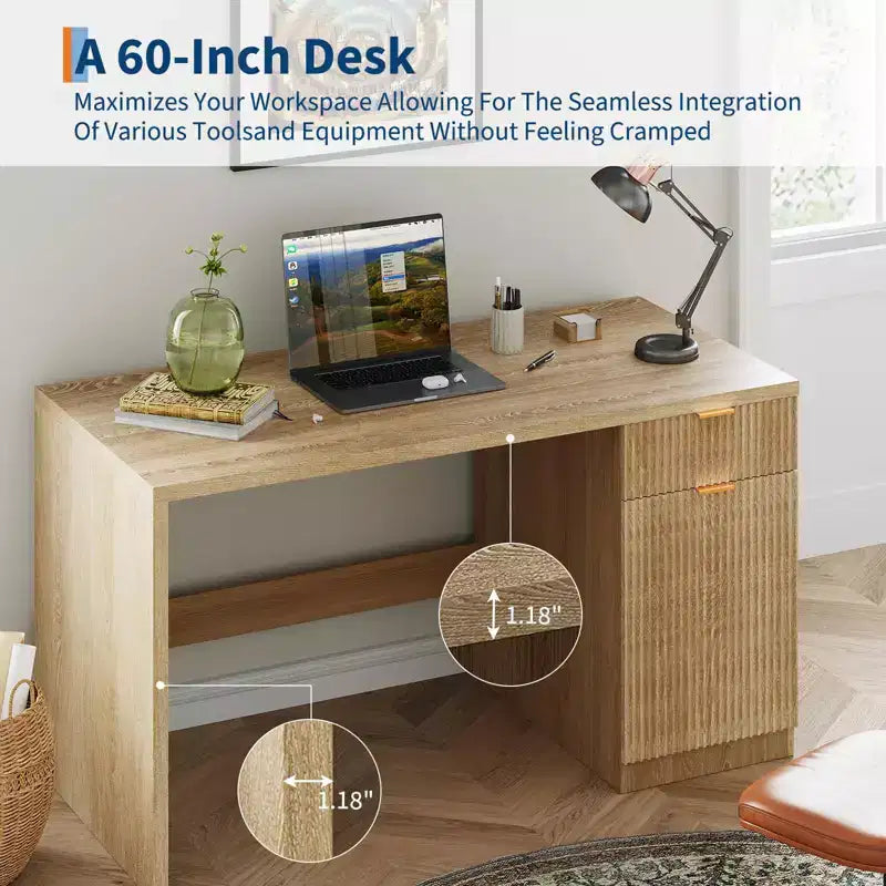 Scrivania Direzionale da 150 cm con Contenitore, Scrivania Moderna per Ufficio Domestico con Cassetto e Armadietto, Scrivania da Computer in Legno Scanalato Postazione di Lavoro Tavolo da Conferenza