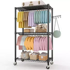 3 Tiers Clothes Rack with Wheels, Adjustable Shelves & 2 Hanging Rod, Heavy Duty Clothing Rack Closet Organizer Freestanding Wardrobe