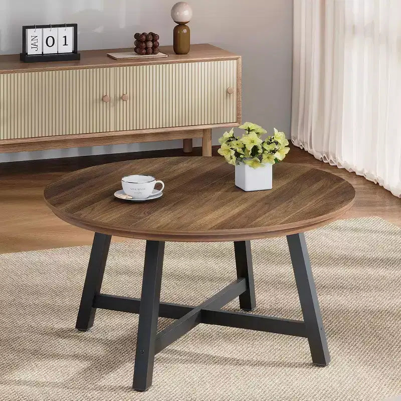 Tavolino da caffè rotondo da 36 pollici, tavolino centrale moderno industriale in legno e metallo per soggiorno, ufficio, reception