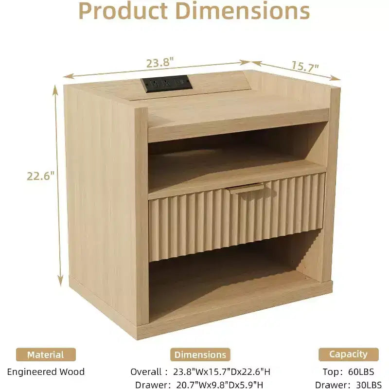 Tavolino da Salotto Moderno in Legno con Stazione di Ricarica, Tavolino Laterale con 1 Cassetto, Porte USB, Comodino, Ampio Spazio di Archiviazione, per Camera da Letto, Soggiorno, Mobile d'Appoggio per la Casa