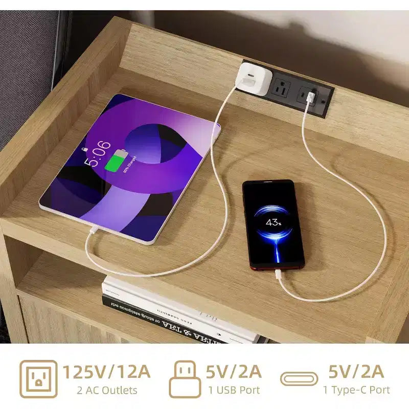 Tavolino da Salotto Moderno in Legno con Stazione di Ricarica, Tavolino Laterale con 1 Cassetto, Porte USB, Comodino, Ampio Spazio di Archiviazione, per Camera da Letto, Soggiorno, Mobile d'Appoggio per la Casa